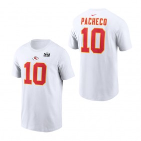 Men's Kansas City Chiefs Isiah Pacheco White Super Bowl LVIII Patch Player Name & Number T-Shirt
