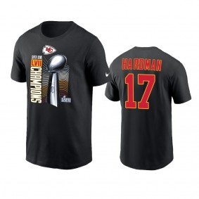 Kansas City Chiefs Mecole Hardman Black Super Bowl LVII Champions Trophy T-Shirt