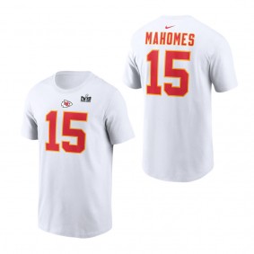 Men's Kansas City Chiefs Patrick Mahomes White Super Bowl LVIII Patch Player Name & Number T-Shirt