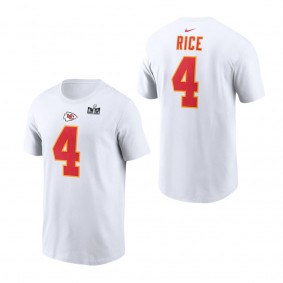 Men's Kansas City Chiefs Rashee Rice White Super Bowl LVIII Patch Player Name & Number T-Shirt