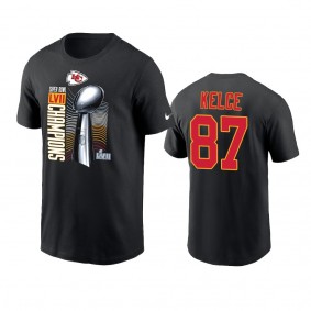 Kansas City Chiefs Travis Kelce Black Super Bowl LVII Champions Trophy T-Shirt
