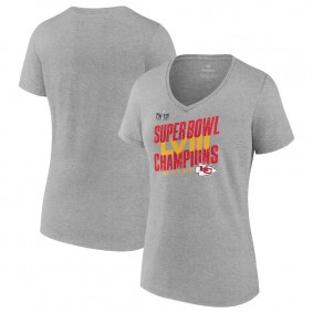 Women's Kansas City Chiefs Heather Gray Super Bowl LVIII Champions Iconic Victory V-Neck T-Shirt
