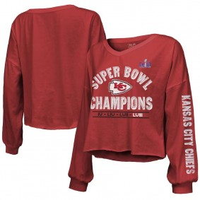 Women's Kansas City Chiefs Red Super Bowl LVIII Champions Always Champs Off-Shoulder Long Sleeve V-Neck T-Shirt